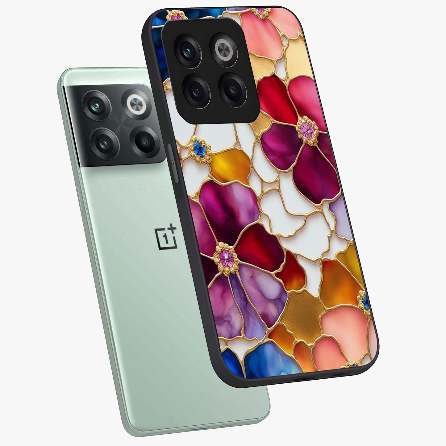 Marble Flower Pattern Glass Case for 1+10T angled mockup showcasing glossy finish and detailed bloom accents