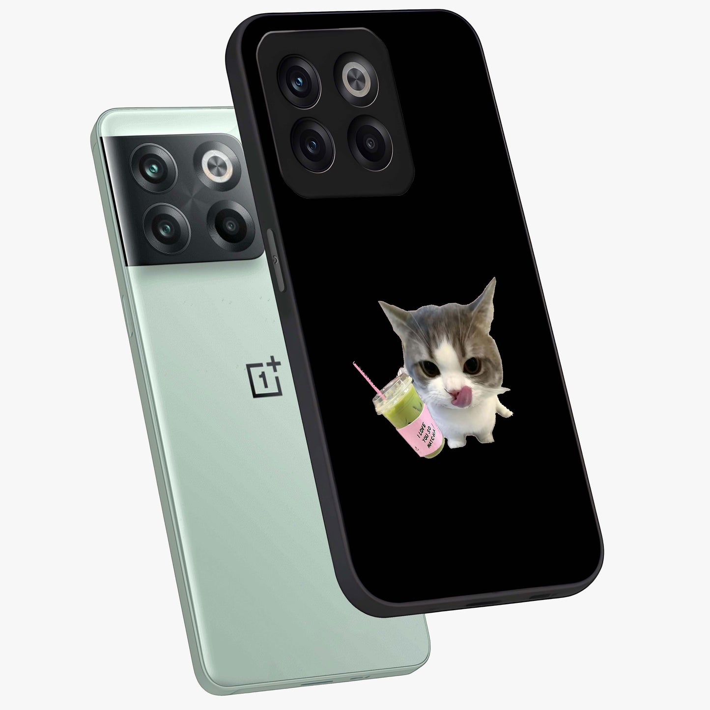 Matcha Cat Style Glass Case for 1+10T angled mockup showcasing glossy glass finish and playful pastel detailing