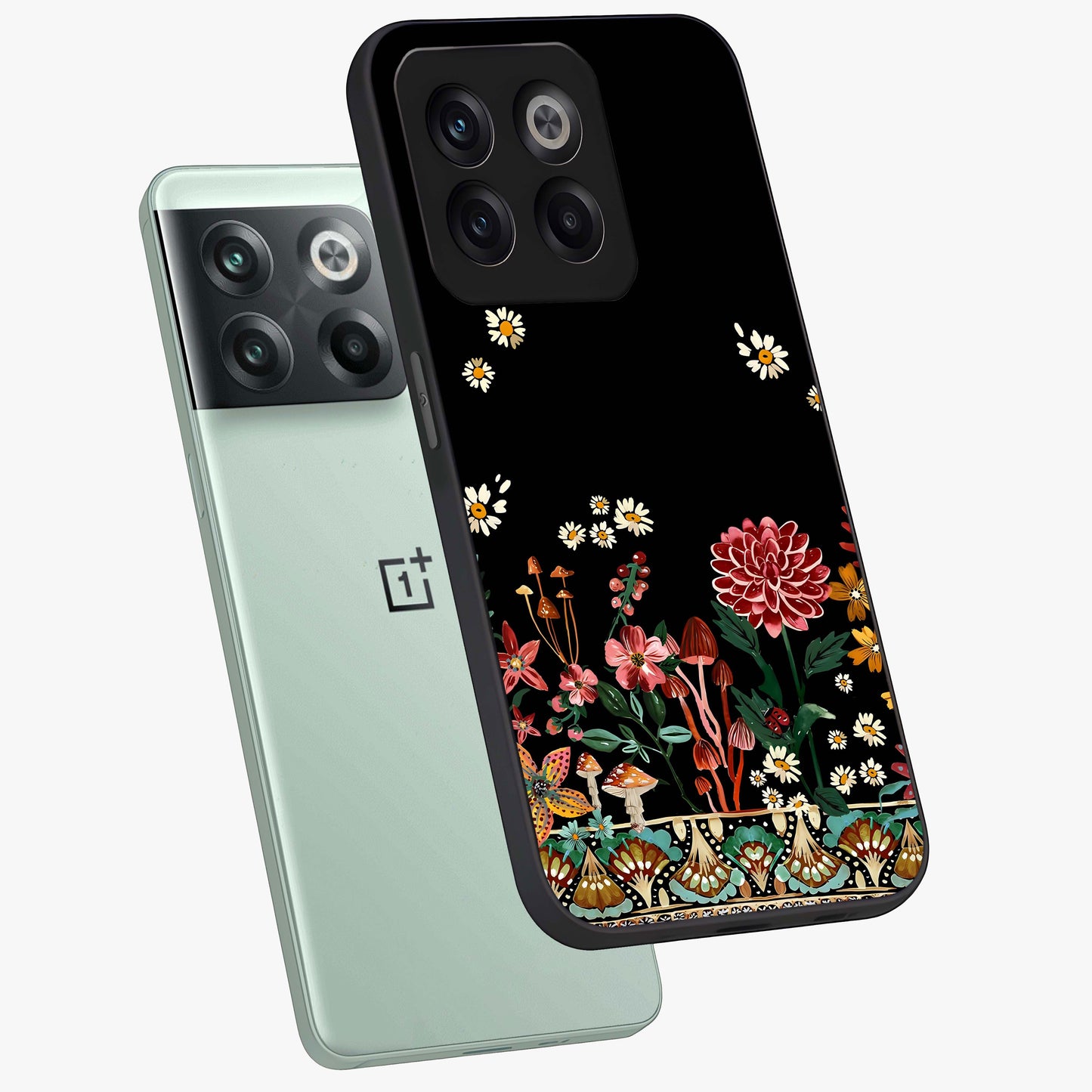 Midnight Bloom Pattern Glass Case for 1+10T angled mockup showcasing glossy finish and rich bloom detailing