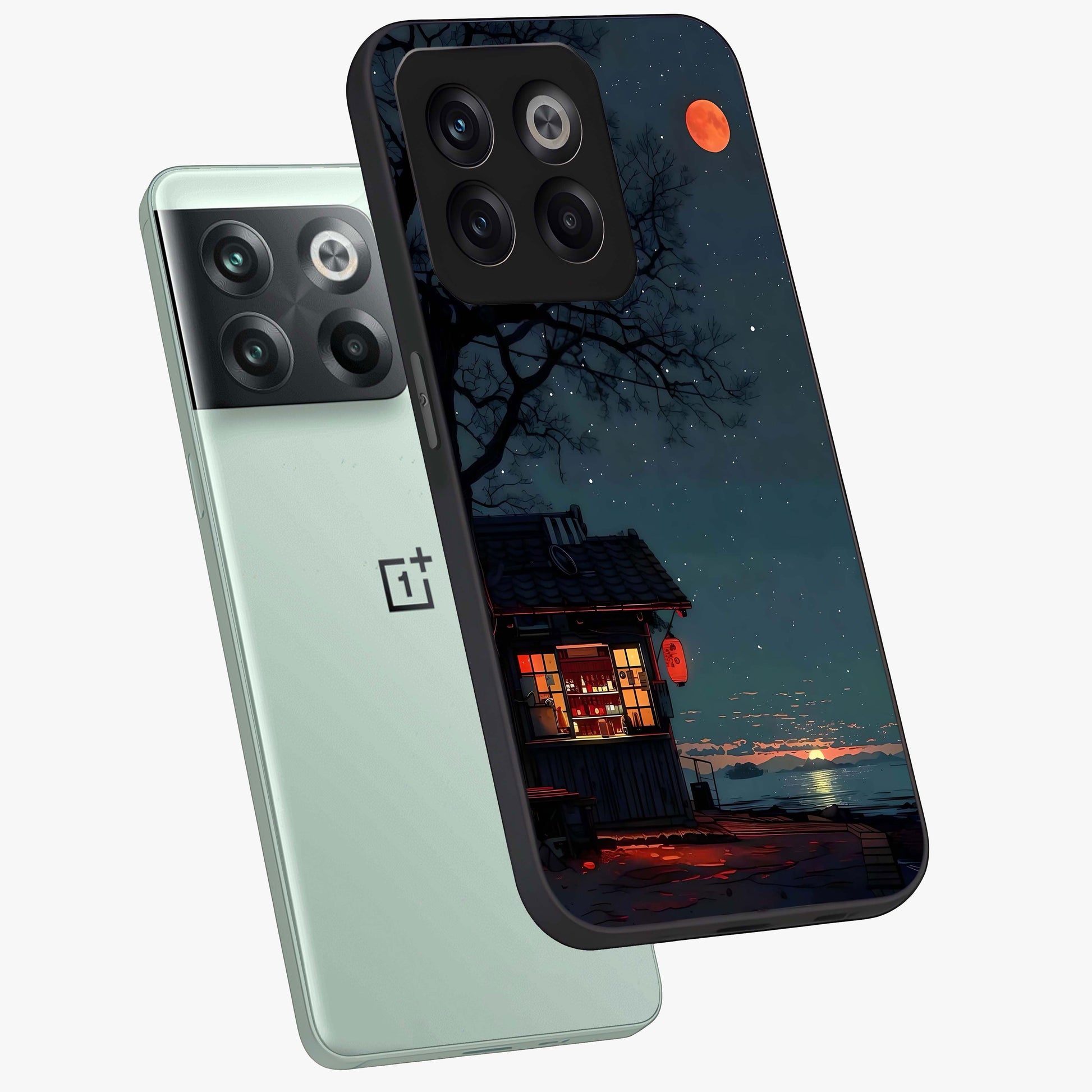 Midnight Lantern Glow Glass Case for 1+10T angled mockup showcasing glossy finish and warm luminous tones