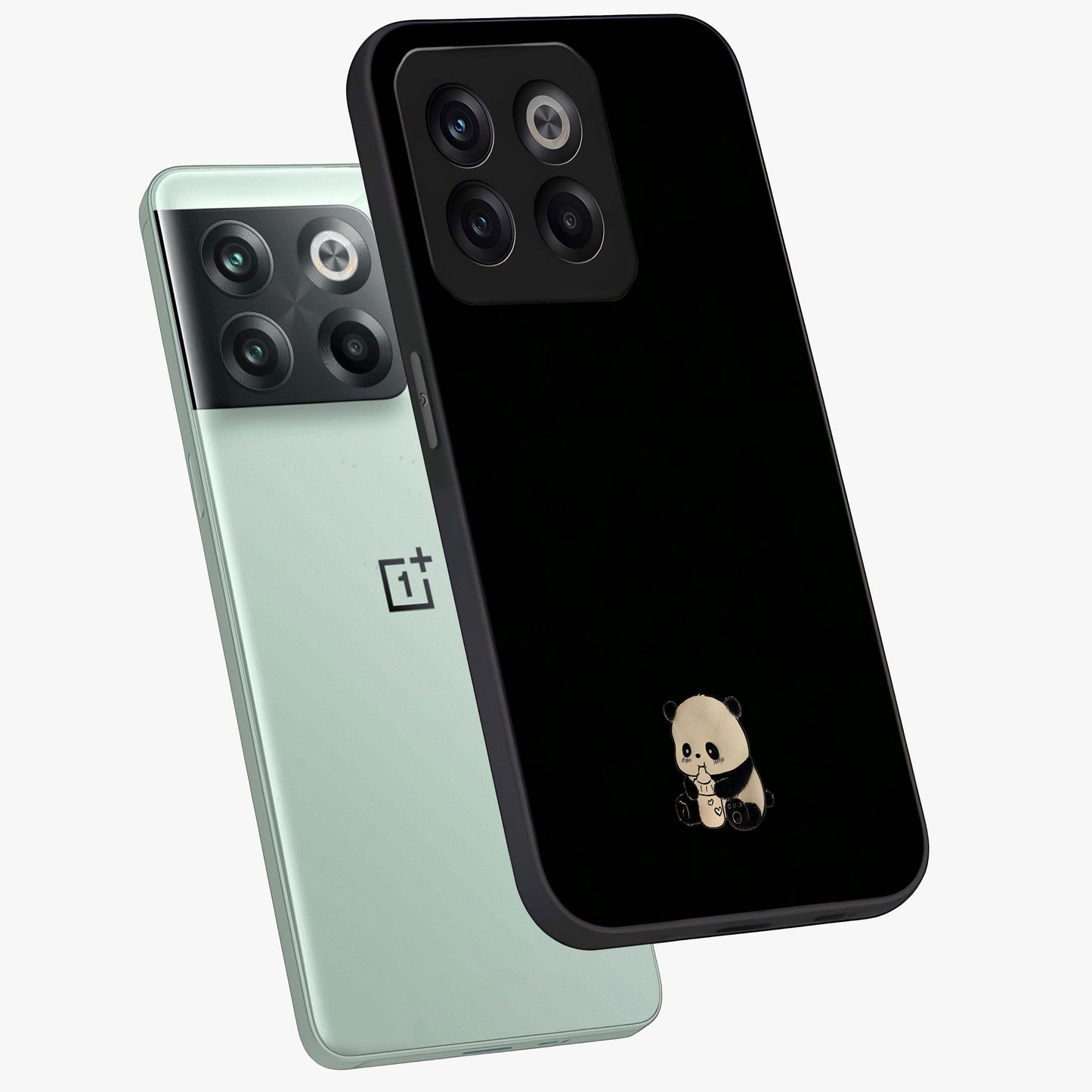 Midnight Panda Love Glass Case for 1+10T angled mockup showcasing glossy finish and soft contrast tones