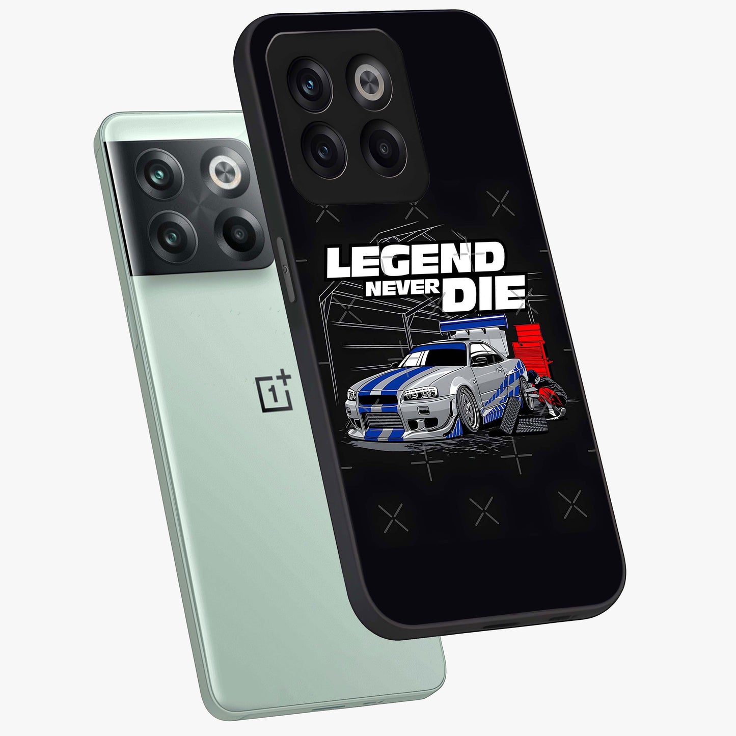 Midnight Racing Legacy Glass Case for 1+10T angled mockup showcasing glossy glass finish and dynamic motion detailing