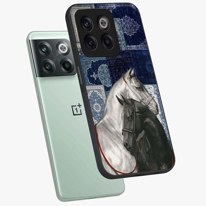 Midnight Stallion Blues Glass Case for 1+10T angled mockup showcasing glossy finish and dramatic equestrian detailing