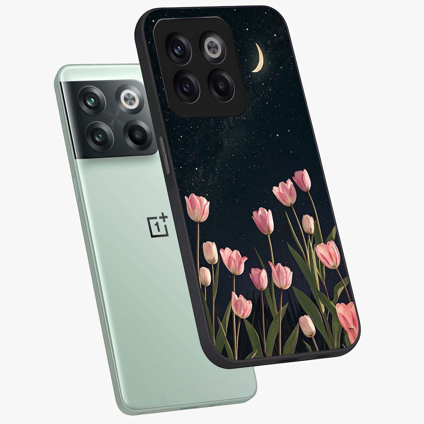 Midnight Tulip Whispers Vibe Glass Case for 1+10T angled mockup showcasing glossy finish and subtle bloom detailing