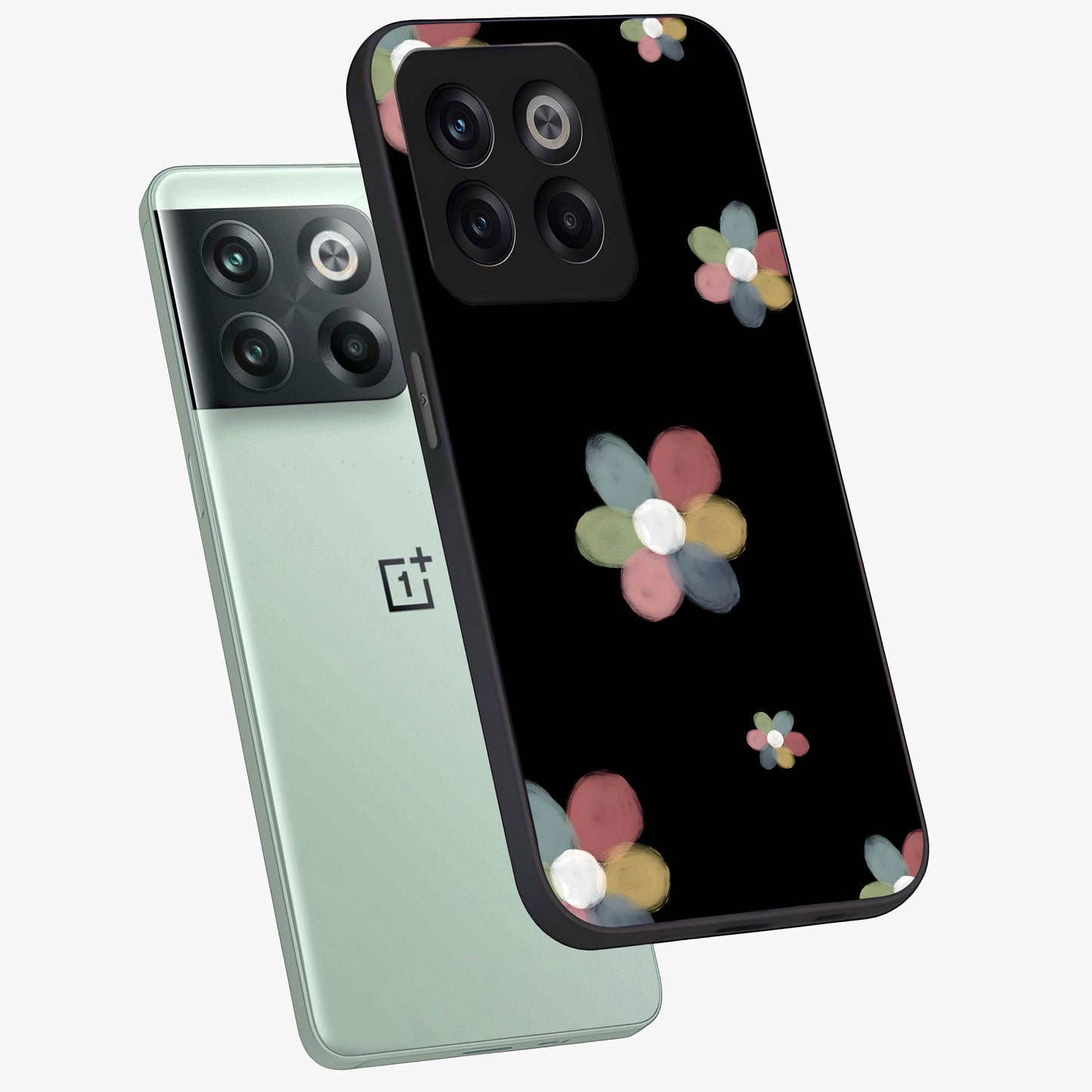 Minimal Floral Charm Glass Case for 1+10T angled mockup showcasing glossy finish and soft pastel tones