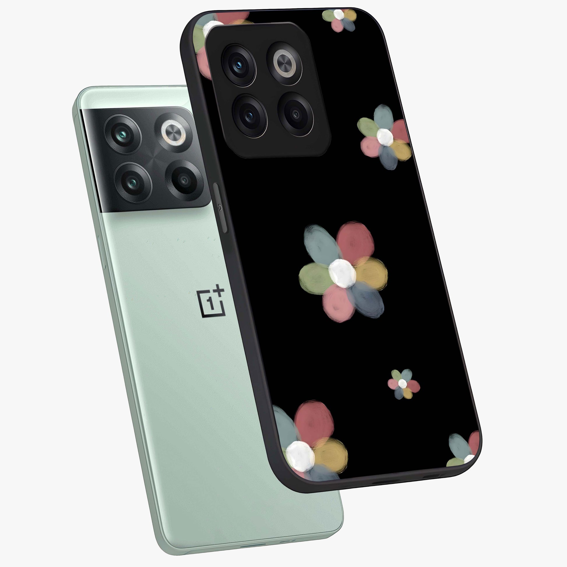 Minimal Floral Charm Glass Case for 1+10T angled mockup showcasing glossy finish and soft pastel tones