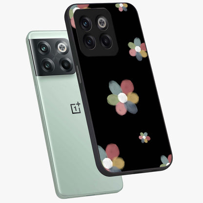 Minimal Floral Charm Glass Case for 1+10T angled mockup showcasing glossy finish and soft pastel tones