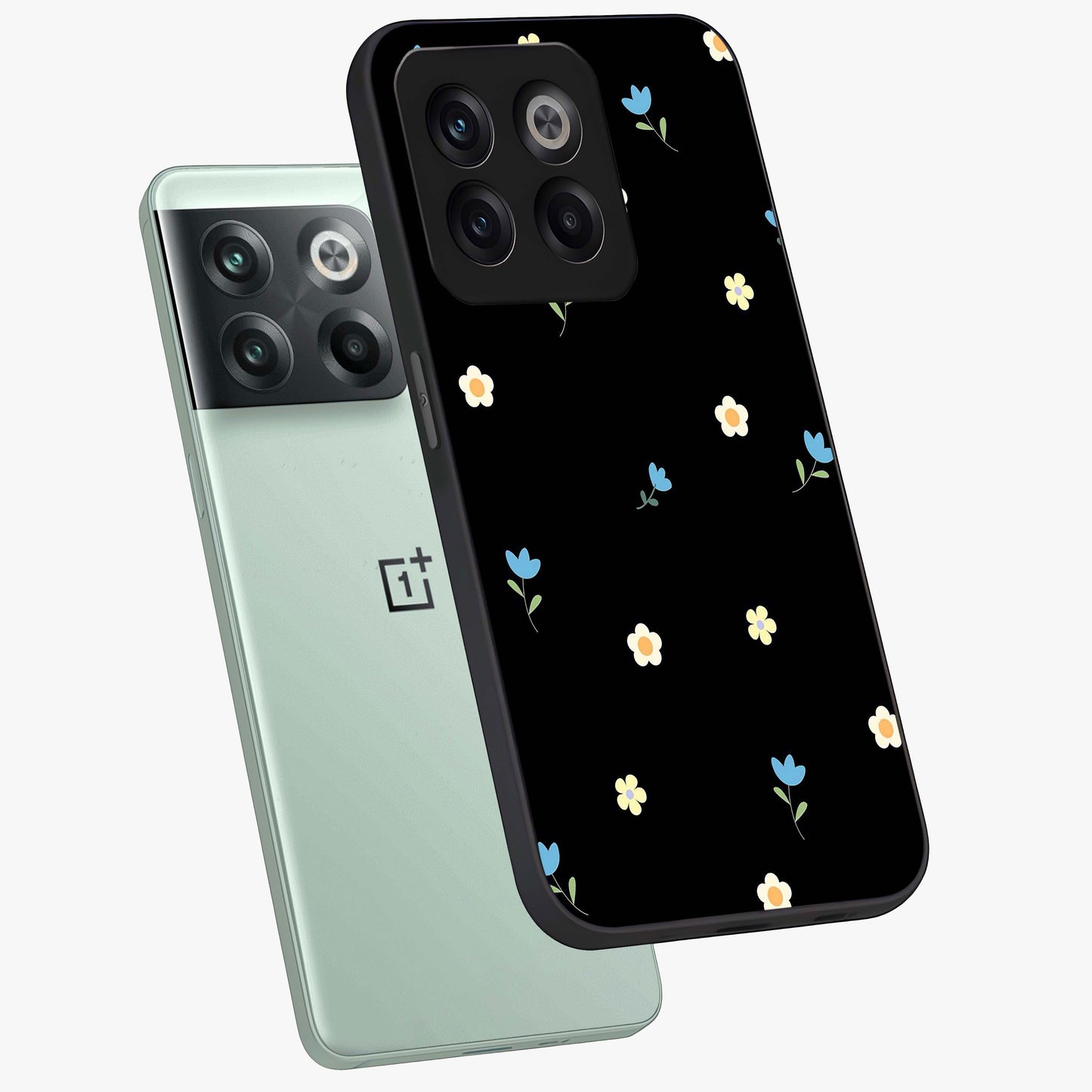 Minimalistic Blue With White Flower Pattern Glass Case for 1+10T angled mockup showcasing glossy finish and crisp clean detailing
