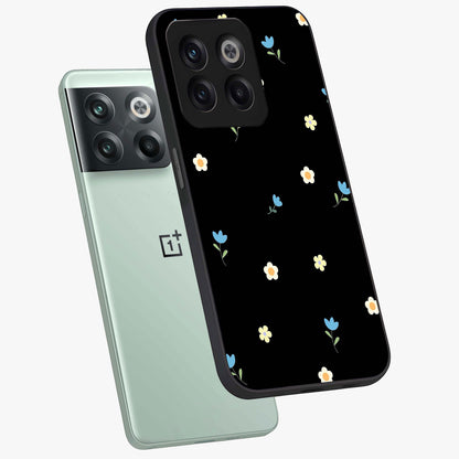 Minimalistic Blue With White Flower Pattern Glass Case for 1+10T angled mockup showcasing glossy finish and crisp clean detailing