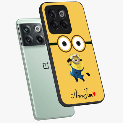 Minion Custom Name Glass Case for 1+10T angled mockup showcasing glossy finish and vibrant character detailing