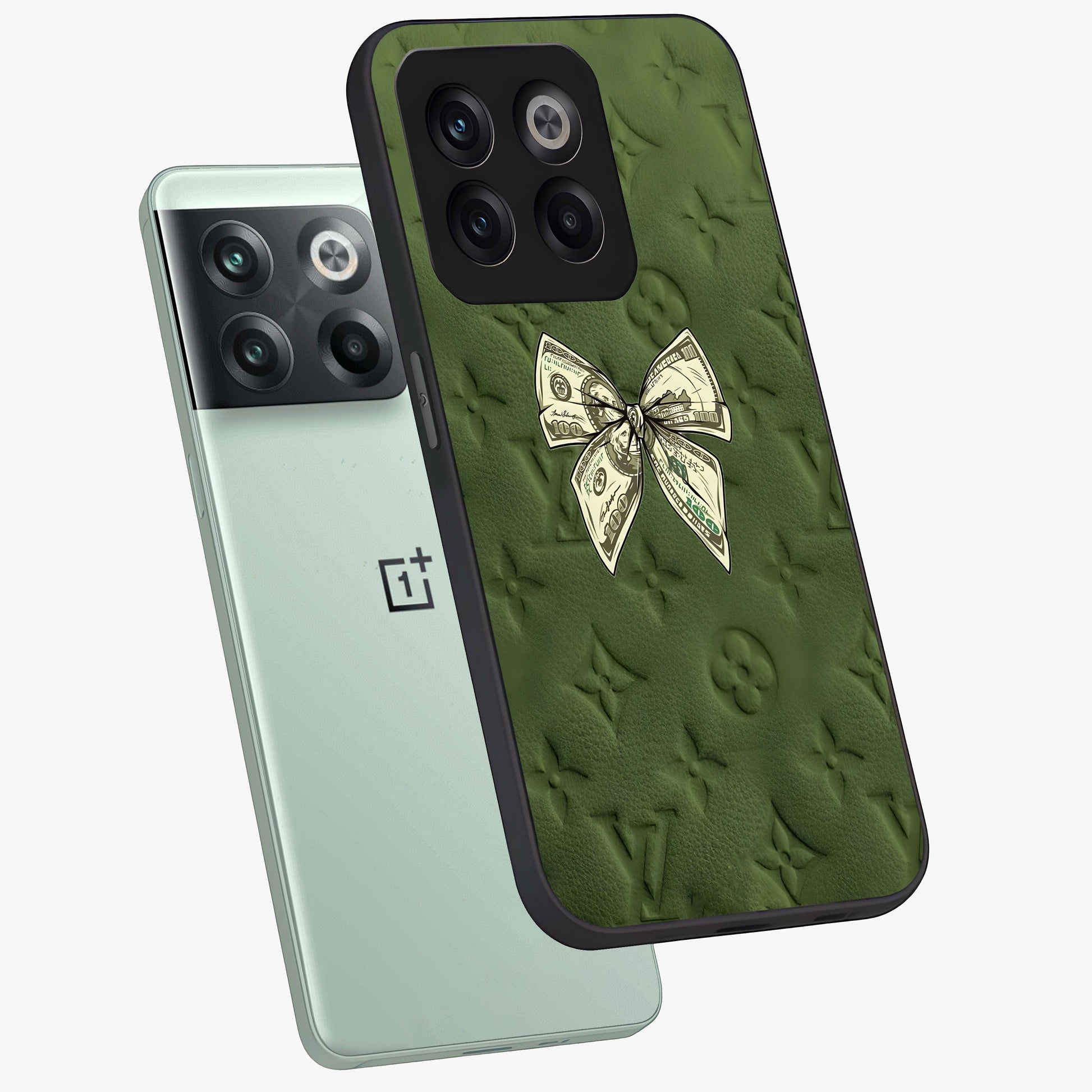 Money Bow Lv Glass Case for 1+10T angled mockup showcasing glossy finish and premium aesthetic detailing