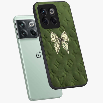 Money Bow Lv Glass Case for 1+10T angled mockup showcasing glossy finish and premium aesthetic detailing