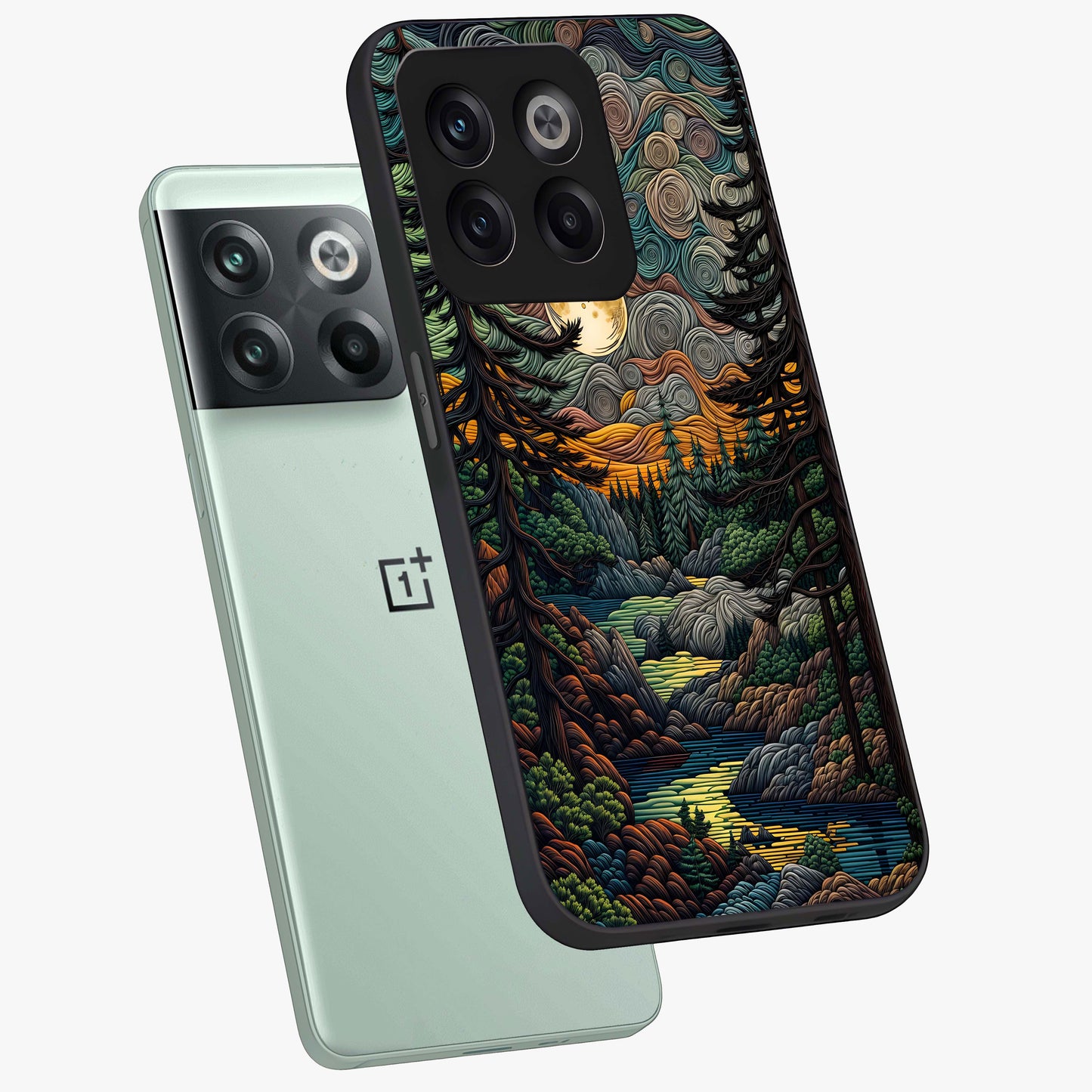 Moonlight Forest Dream Glass Case for 1+10T angled mockup showcasing glossy finish and deep night gradients