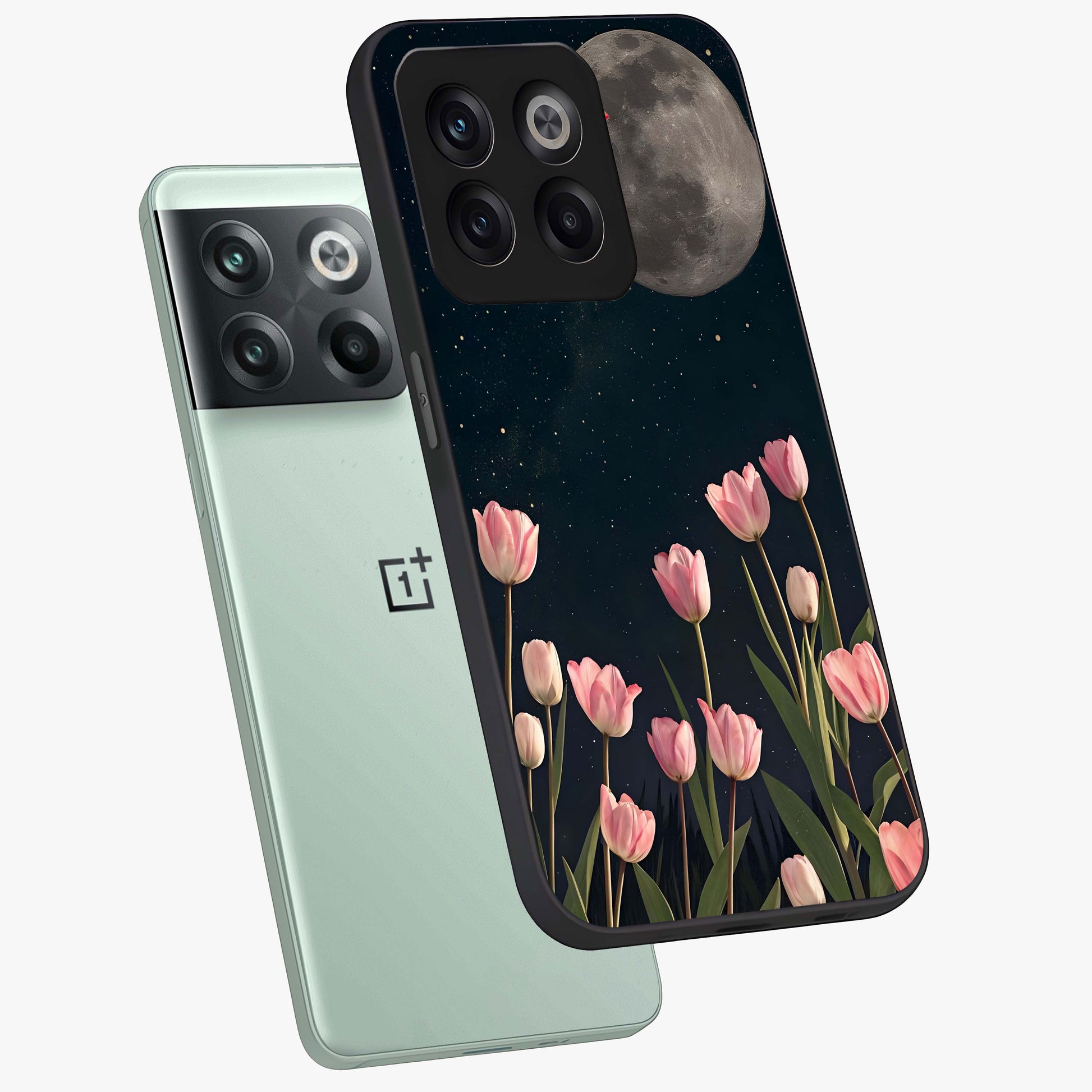 Moonlit Night Tulip Glass Case for 1+10T angled mockup showcasing glossy finish and soft luminous accents