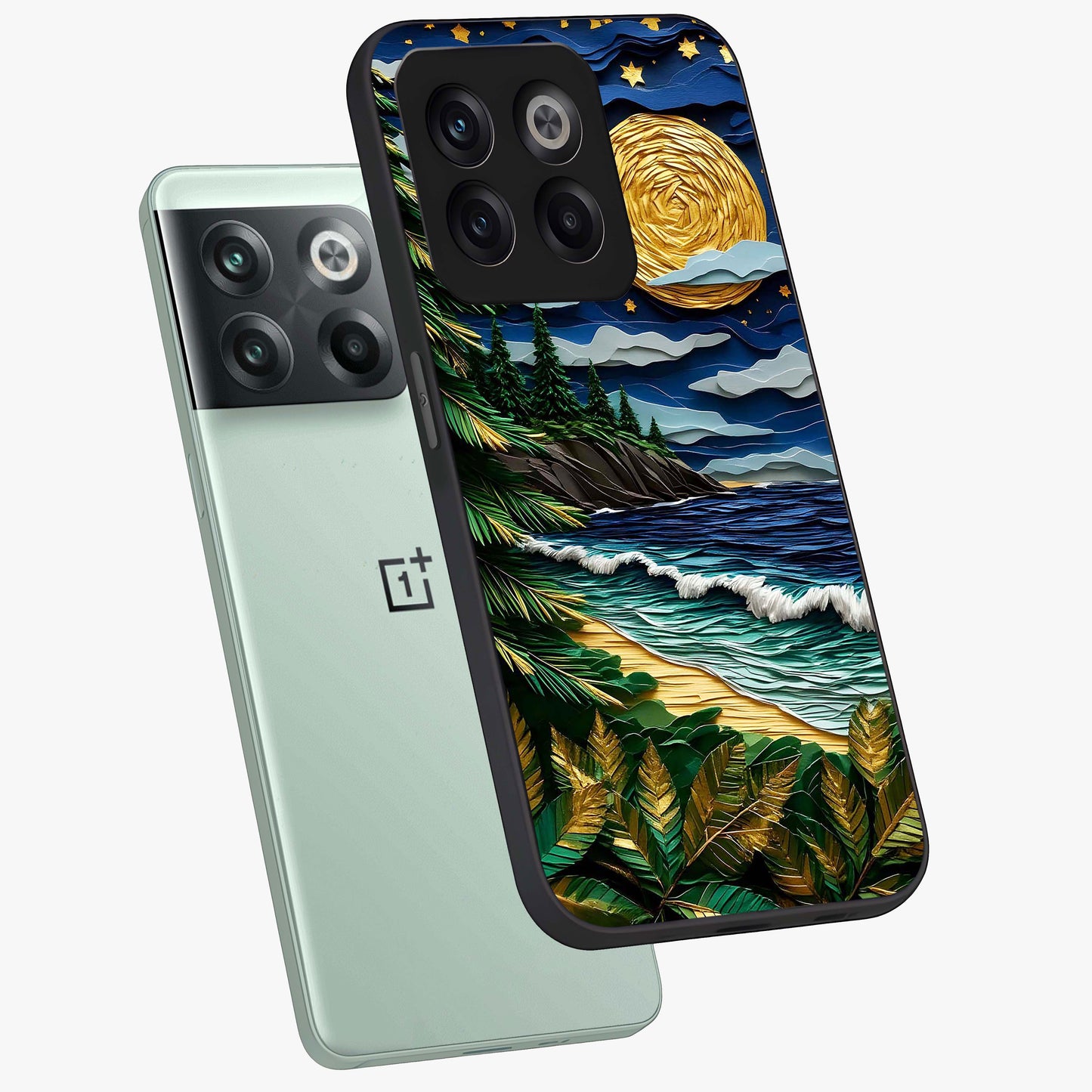 Moonlit Ocean Pines Glass Case for 1+10T angled mockup showcasing glossy finish and deep blue gradients