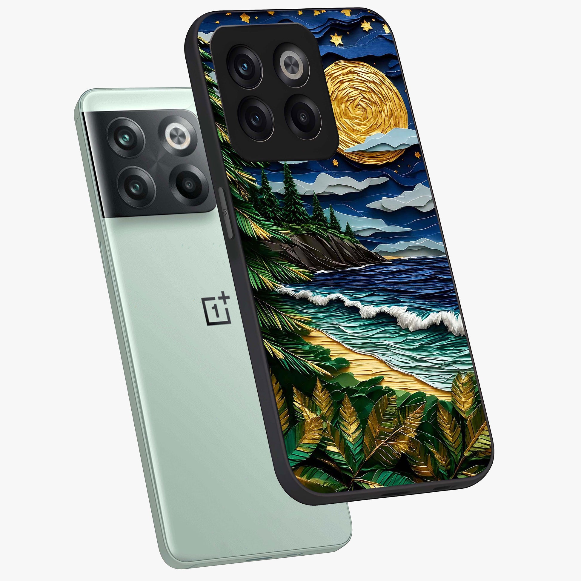 Moonlit Ocean Pines Glass Case for 1+10T angled mockup showcasing glossy finish and deep blue gradients