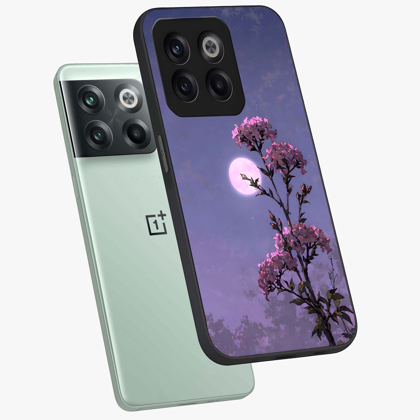 Moonlit Petal Night Glass Case for 1+10T angled mockup showcasing glossy finish and subtle moonlight detailing