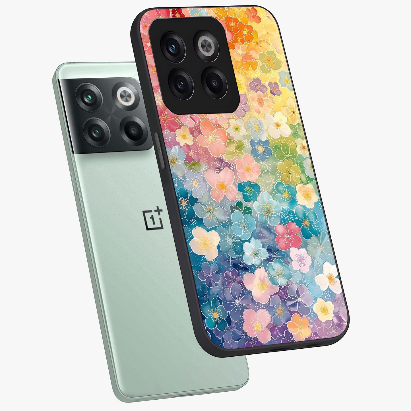 Multiple Background With Flower Glass Case for 1+10T angled mockup showcasing glossy glass finish and colorful detailing