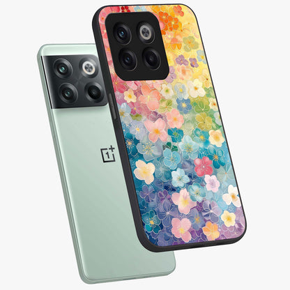 Multiple Background With Flower Glass Case for 1+10T angled mockup showcasing glossy glass finish and colorful detailing
