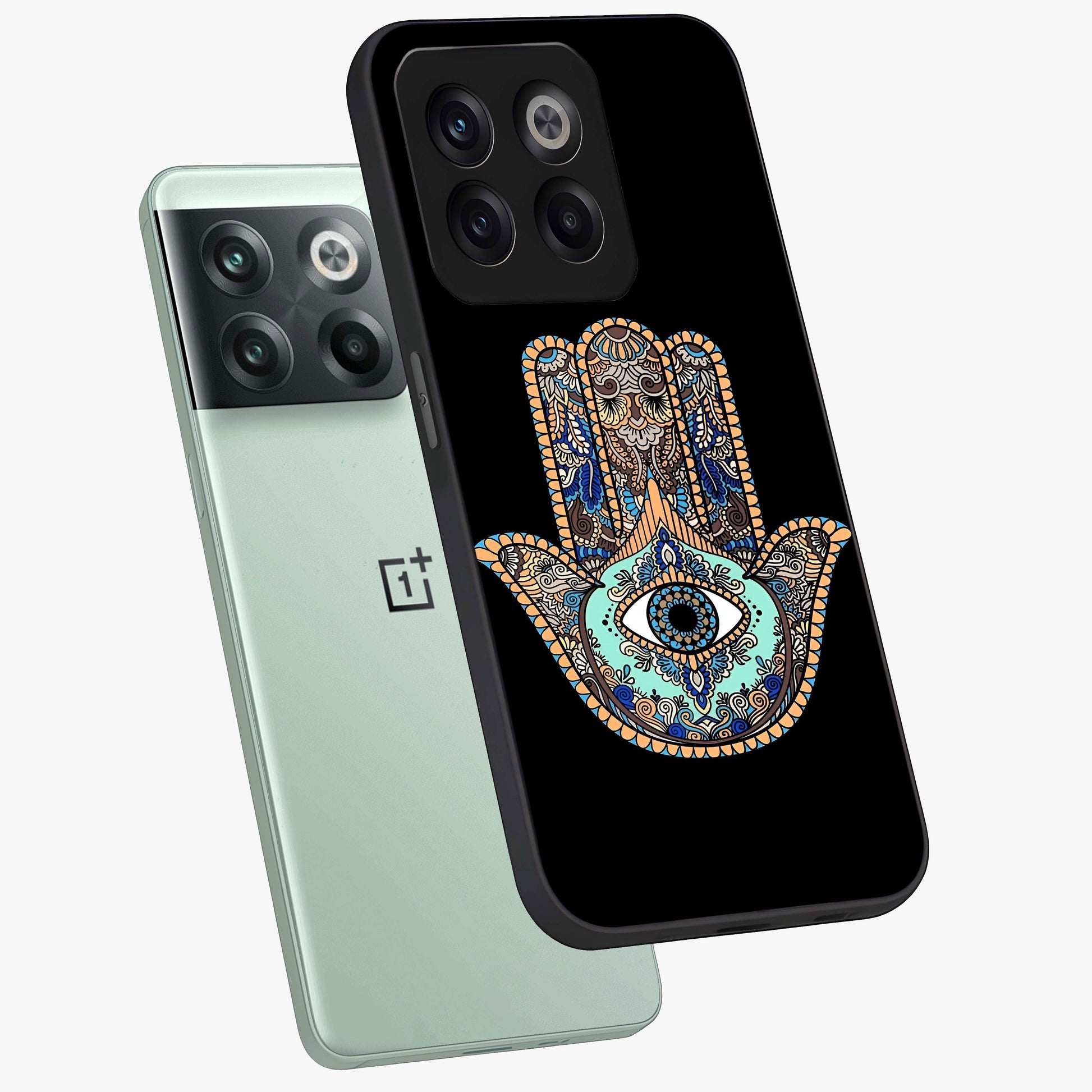 Mystic Hamsa Eye Glass Case for 1+10T angled mockup showcasing glossy finish and protective design elements
