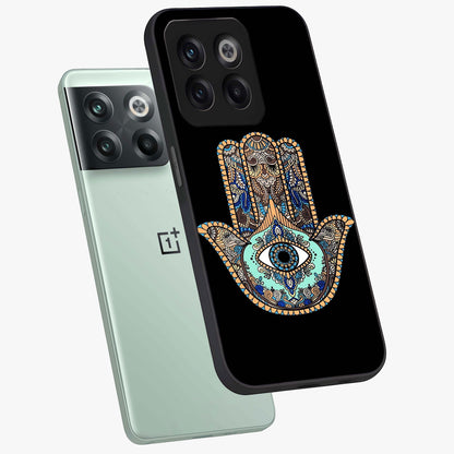 Mystic Hamsa Eye Glass Case for 1+10T angled mockup showcasing glossy finish and protective design elements