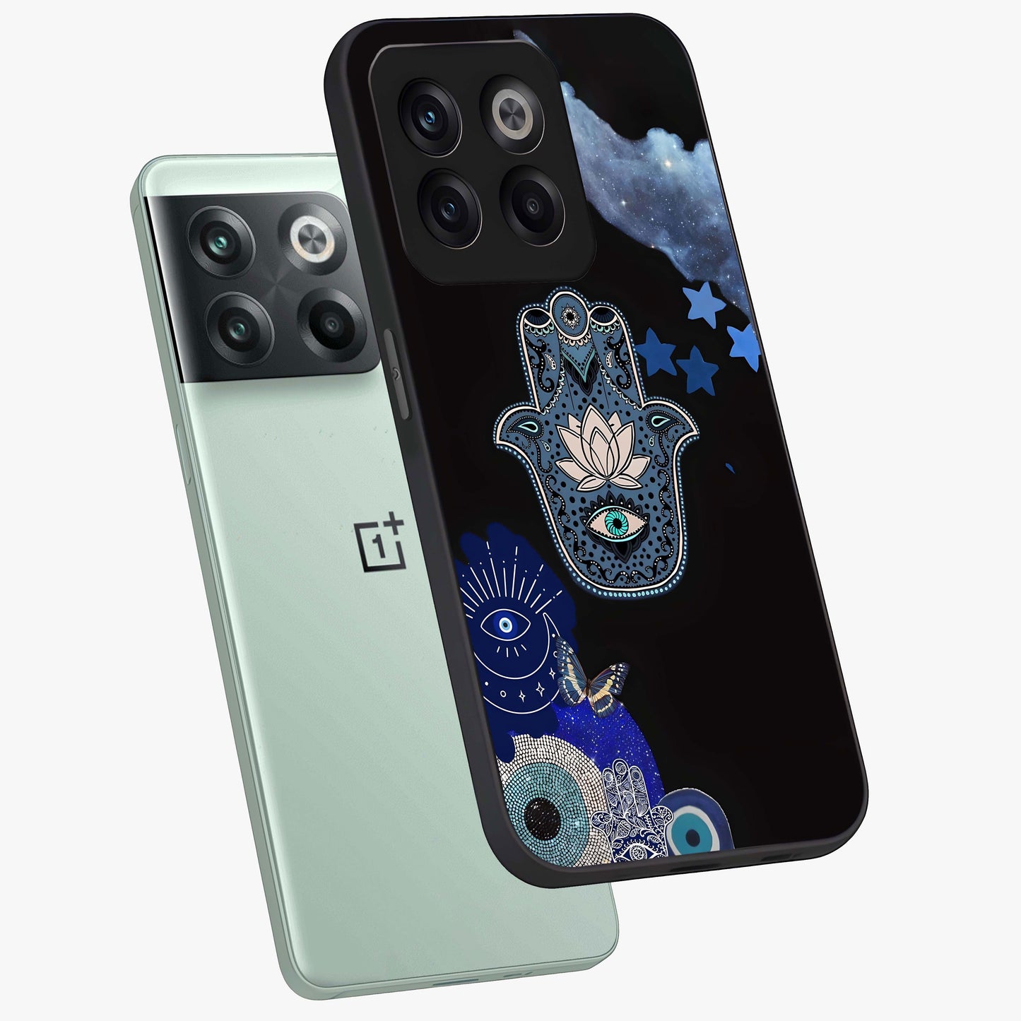 Mystic Hand Aura Glass Case for 1+10T angled mockup showcasing glossy finish and radiant mystical detailing