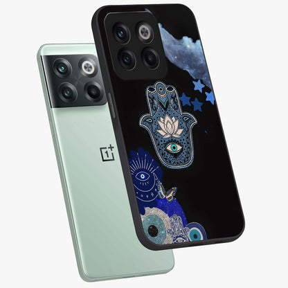 Mystic Hand Aura Glass Case for 1+10T angled mockup showcasing glossy finish and radiant mystical detailing