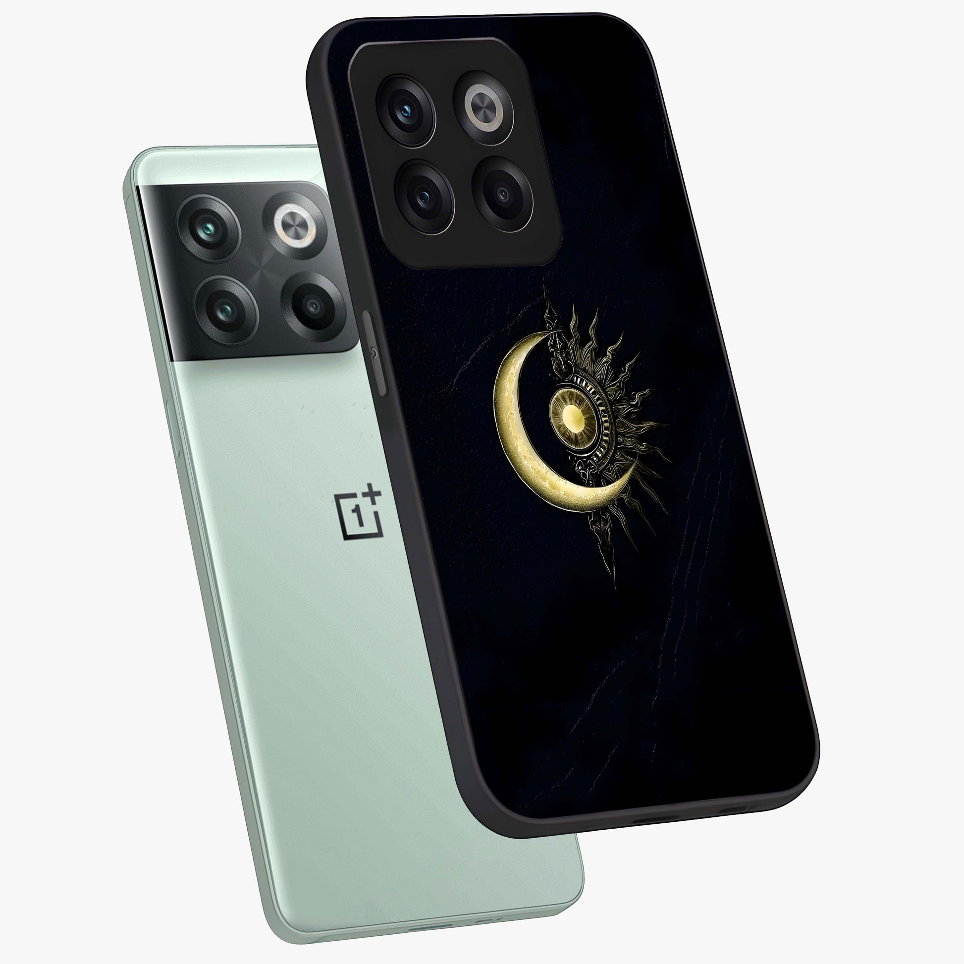 Mystic Lunar Flame Glass Case for 1+10T angled mockup showcasing glossy finish and glowing night tones