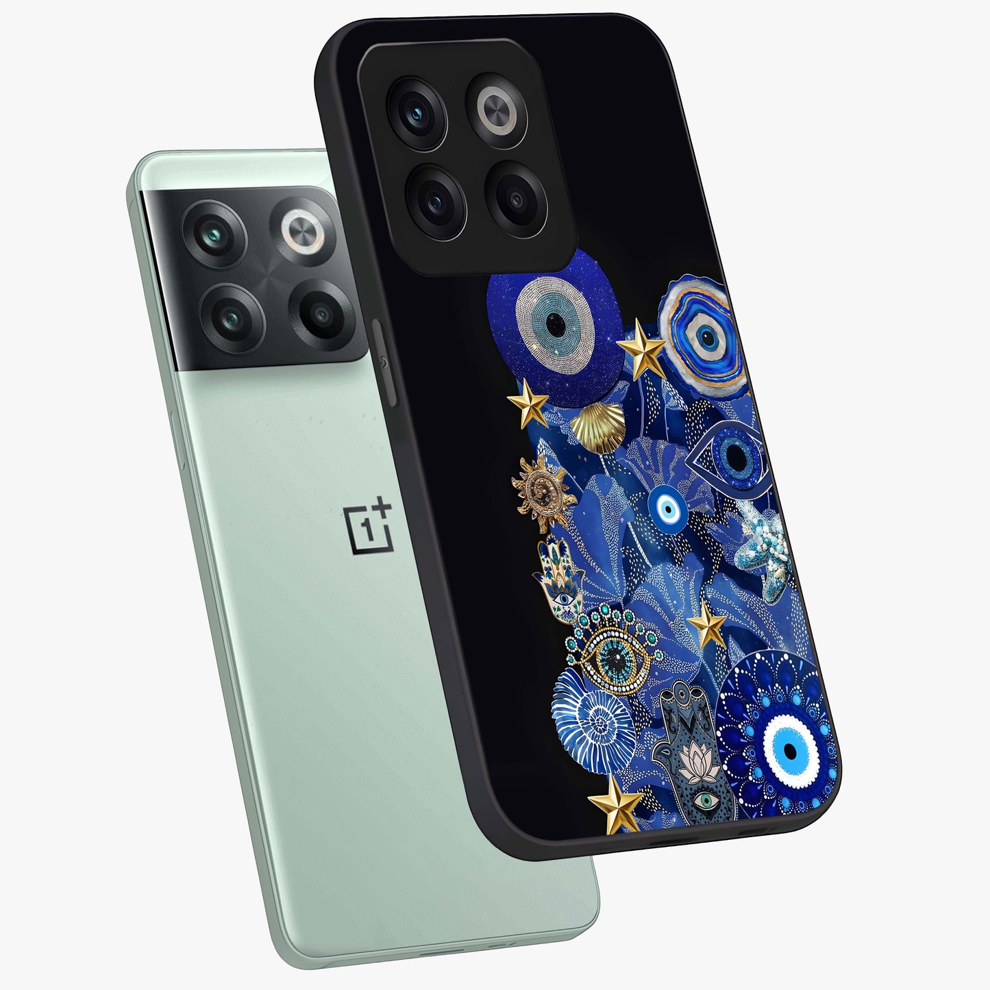 Mystic Ocean Eye Glass Case for 1+10T angled mockup showcasing glossy finish and fluid wave detailing