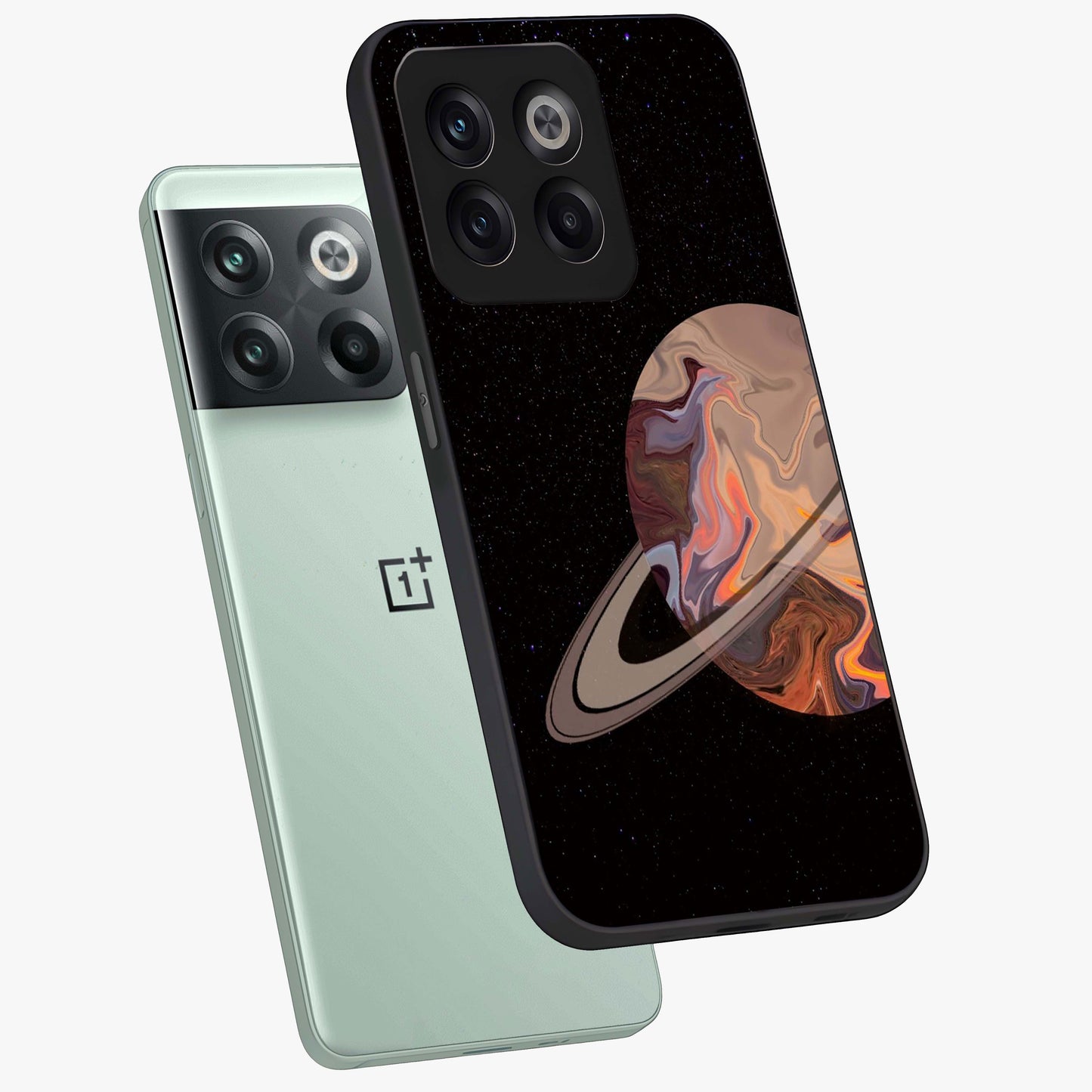 Mystic Saturn Aesthetic Glass Case for 1+10T angled mockup showcasing glossy finish and deep space gradients