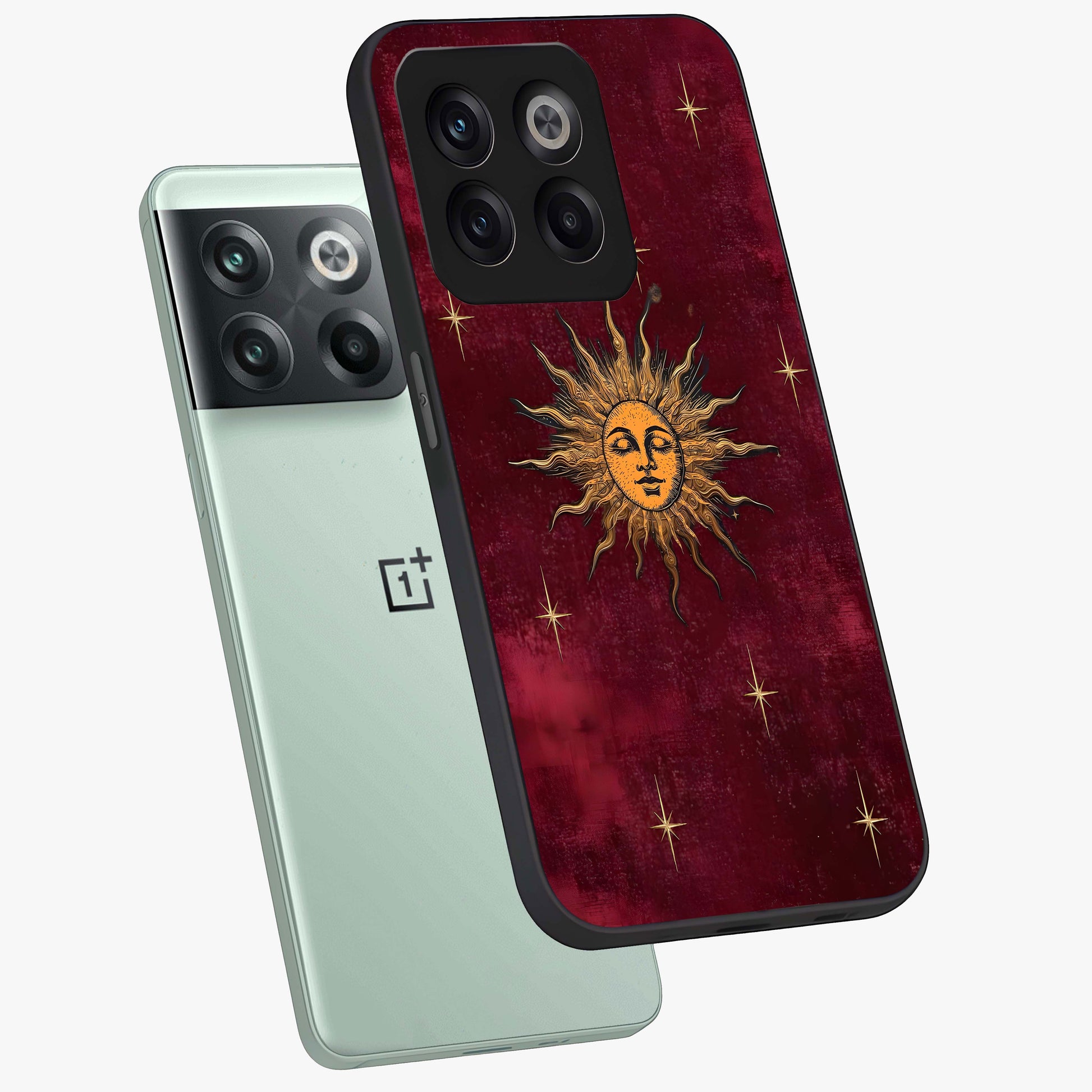 Mystic Solar Glow Glass Case for 1+10T angled mockup showcasing glossy glass finish and warm golden tones
