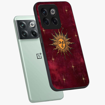 Mystic Solar Glow Glass Case for 1+10T angled mockup showcasing glossy glass finish and warm golden tones
