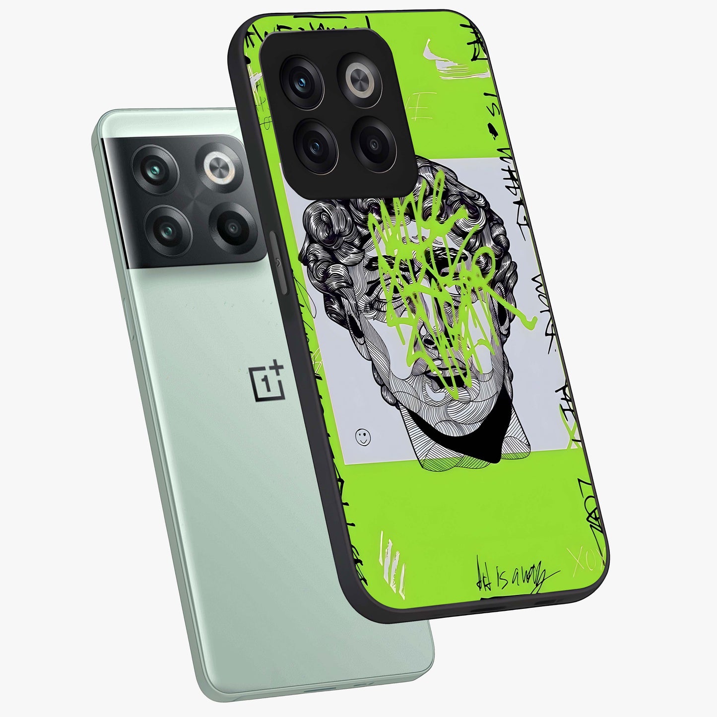 Neo Graffiti Rebellion Glass Case for 1+10T angled mockup showcasing glossy finish and urban neon detailing