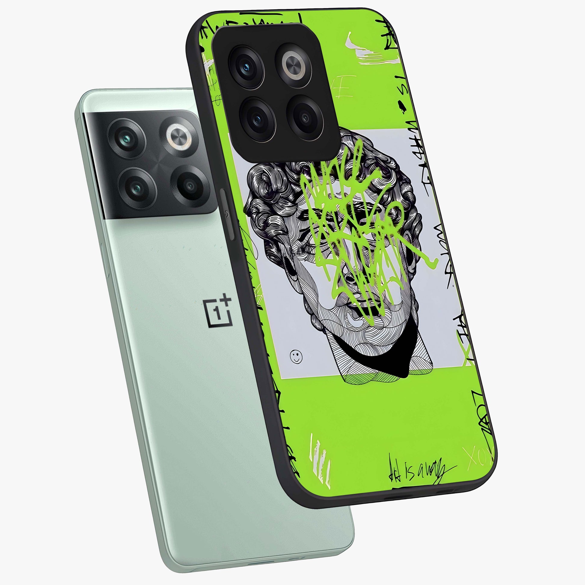 Neo Graffiti Rebellion Glass Case for 1+10T angled mockup showcasing glossy finish and urban neon detailing