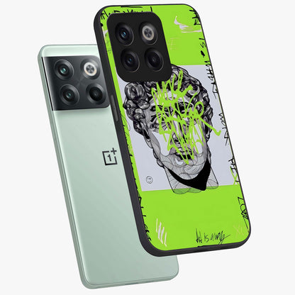 Neo Graffiti Rebellion Glass Case for 1+10T angled mockup showcasing glossy finish and urban neon detailing
