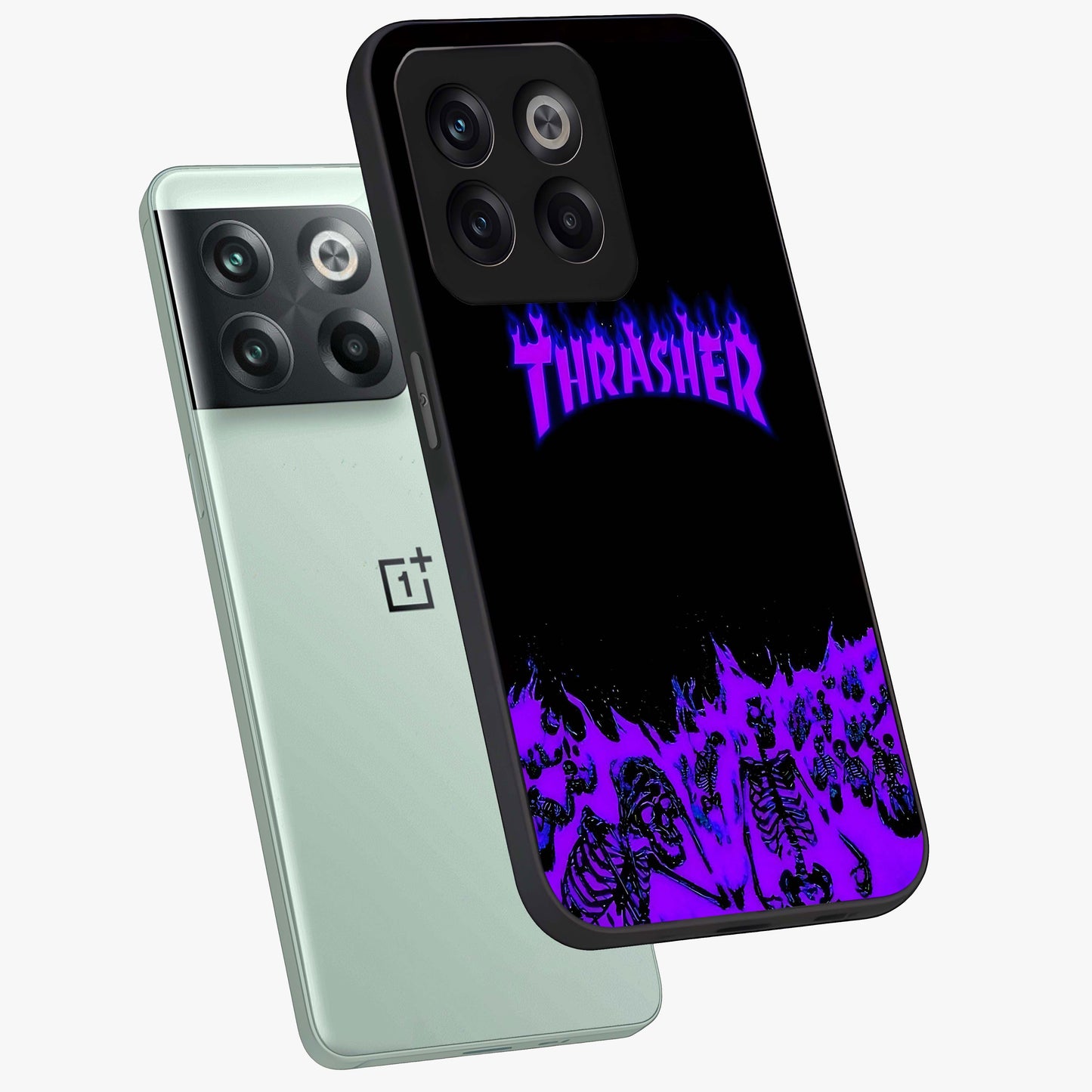 Neon Flame Riot Glass Case for 1+10T angled mockup showcasing glossy finish and high contrast colors