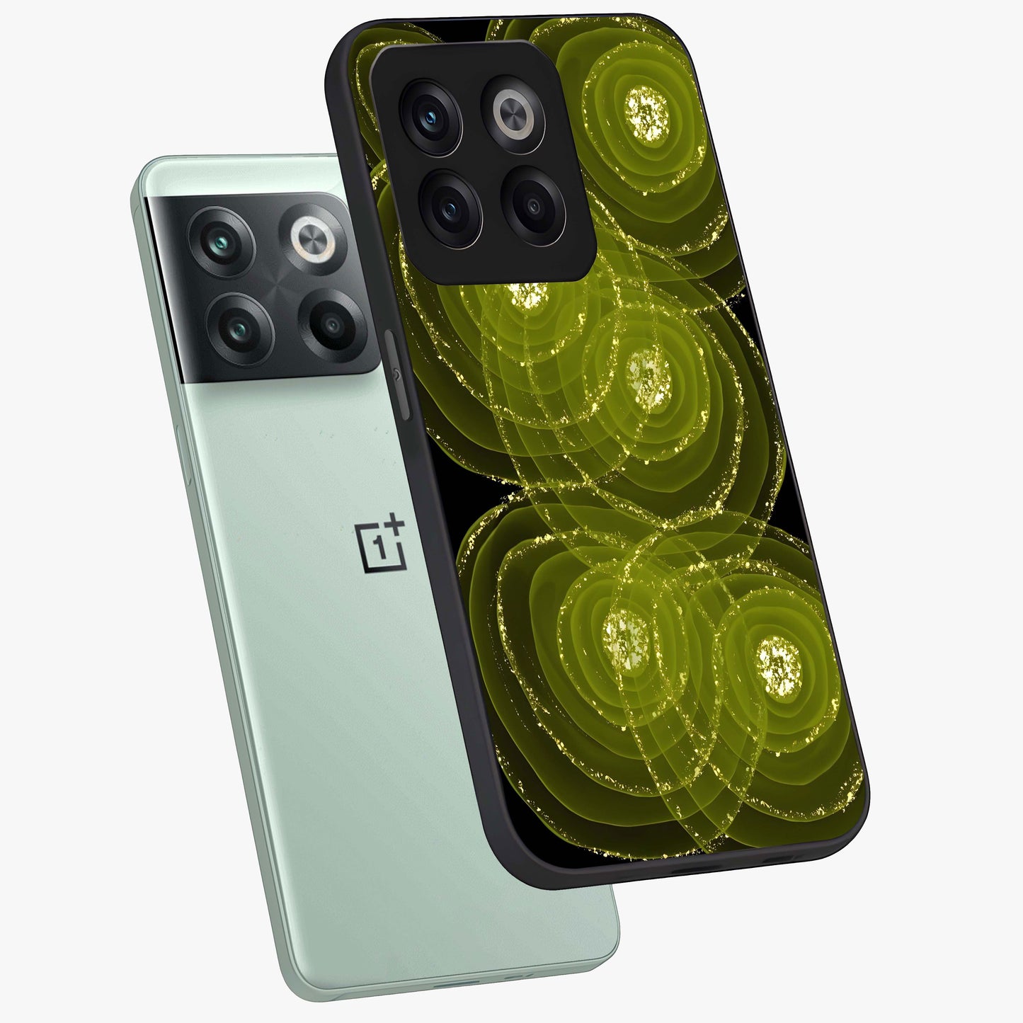 Neon Orbit Bloom Marble Glass Case for 1+10T angled mockup showcasing glossy finish and vibrant bloom detailing