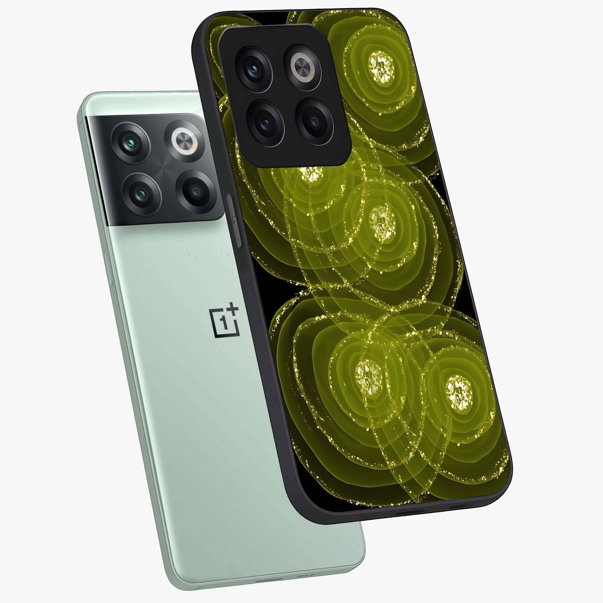 Neon Orbit Bloom Marble Glass Case for 1+10T angled mockup showcasing glossy finish and vibrant bloom detailing
