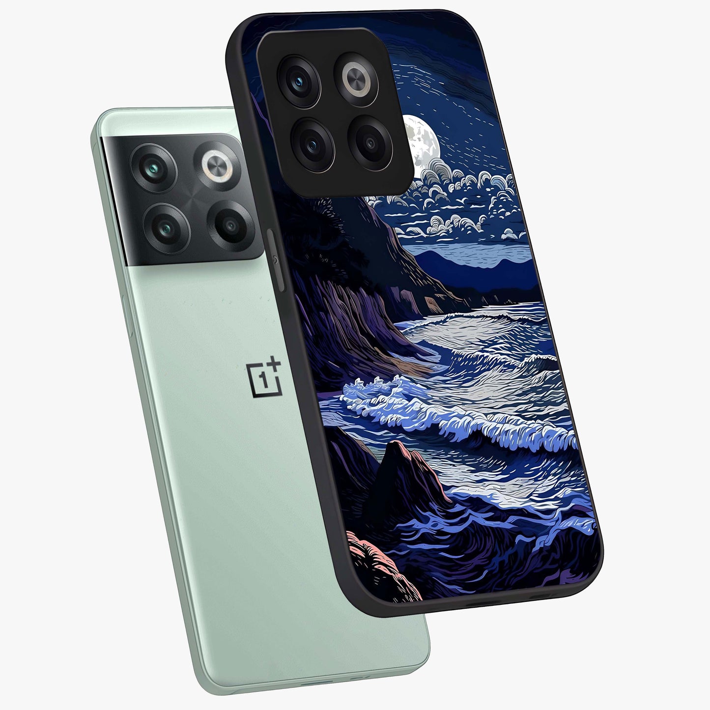 Night Moon Scenery Pattern Glass Case for 1+10T angled mockup showcasing glossy finish and deep night tones