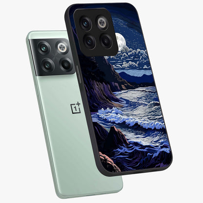 Night Moon Scenery Pattern Glass Case for 1+10T angled mockup showcasing glossy finish and deep night tones