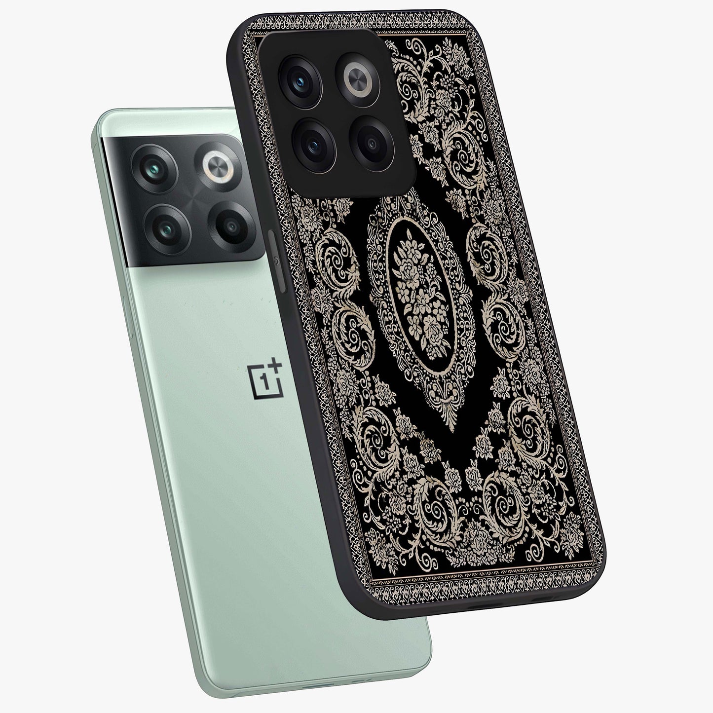 Noir Bloom Elegance Glass Case for 1+10T angled mockup showcasing glossy finish and refined bloom detailing