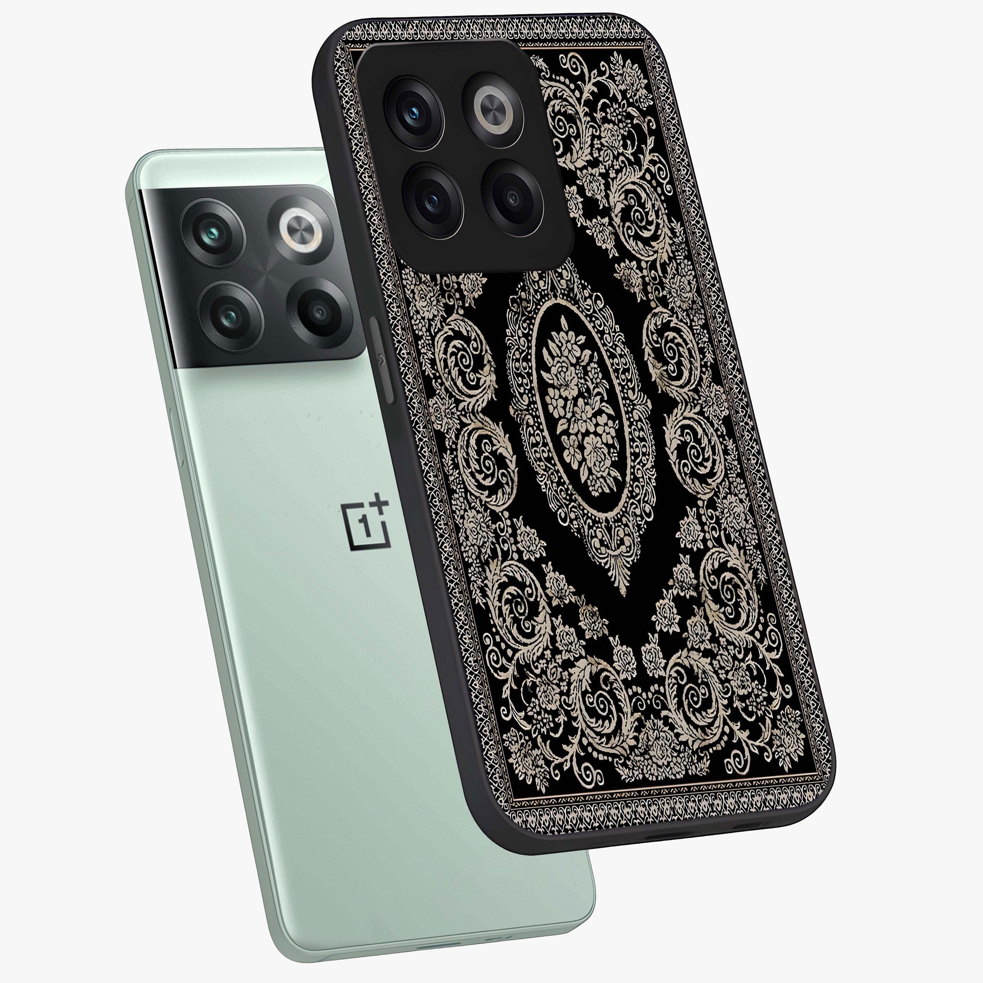 Noir Bloom Elegance Glass Case for 1+10T angled mockup showcasing glossy finish and refined bloom detailing