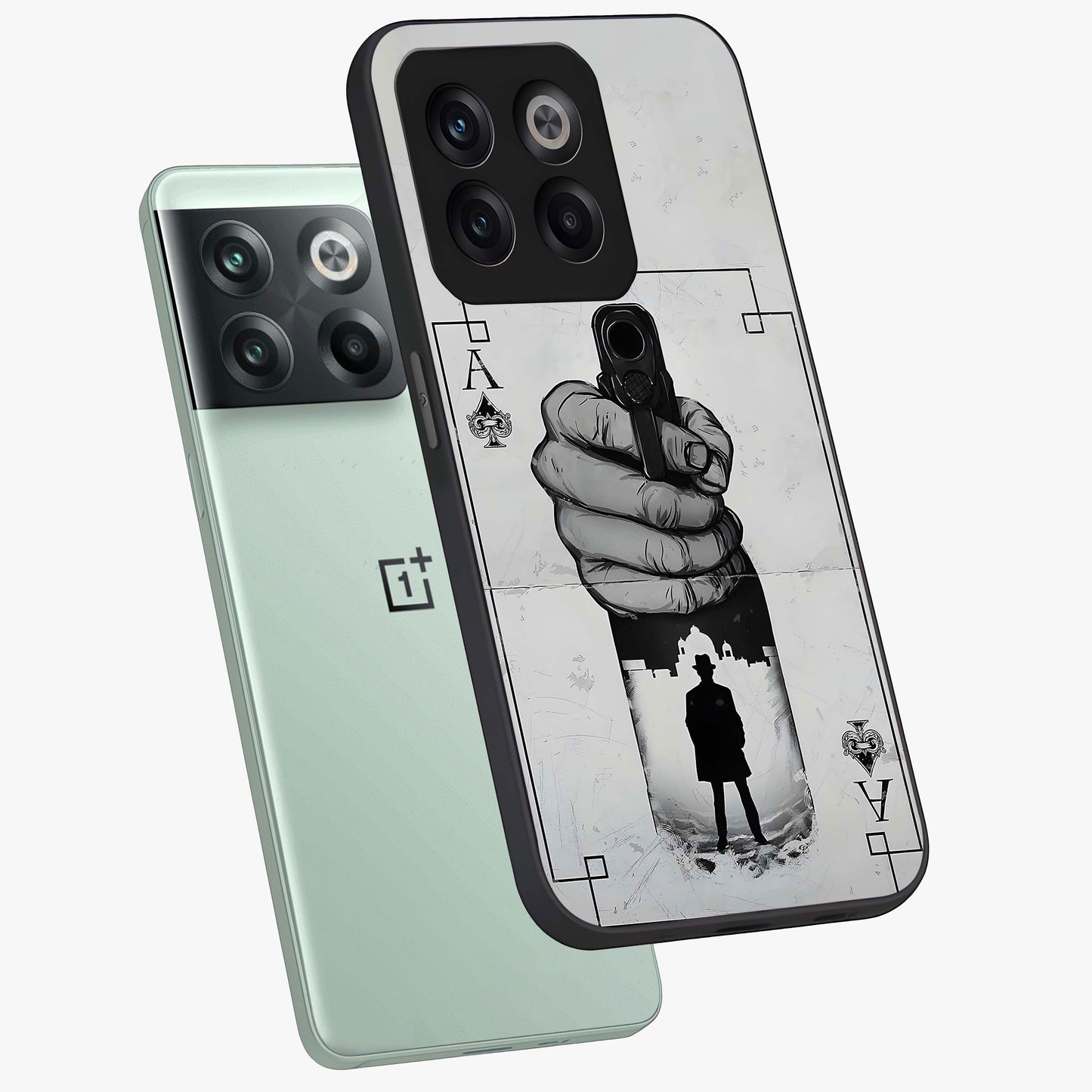 Noir Trigger Fate Glass Case for 1+10T angled mockup showcasing glossy finish and intense shadow detailing