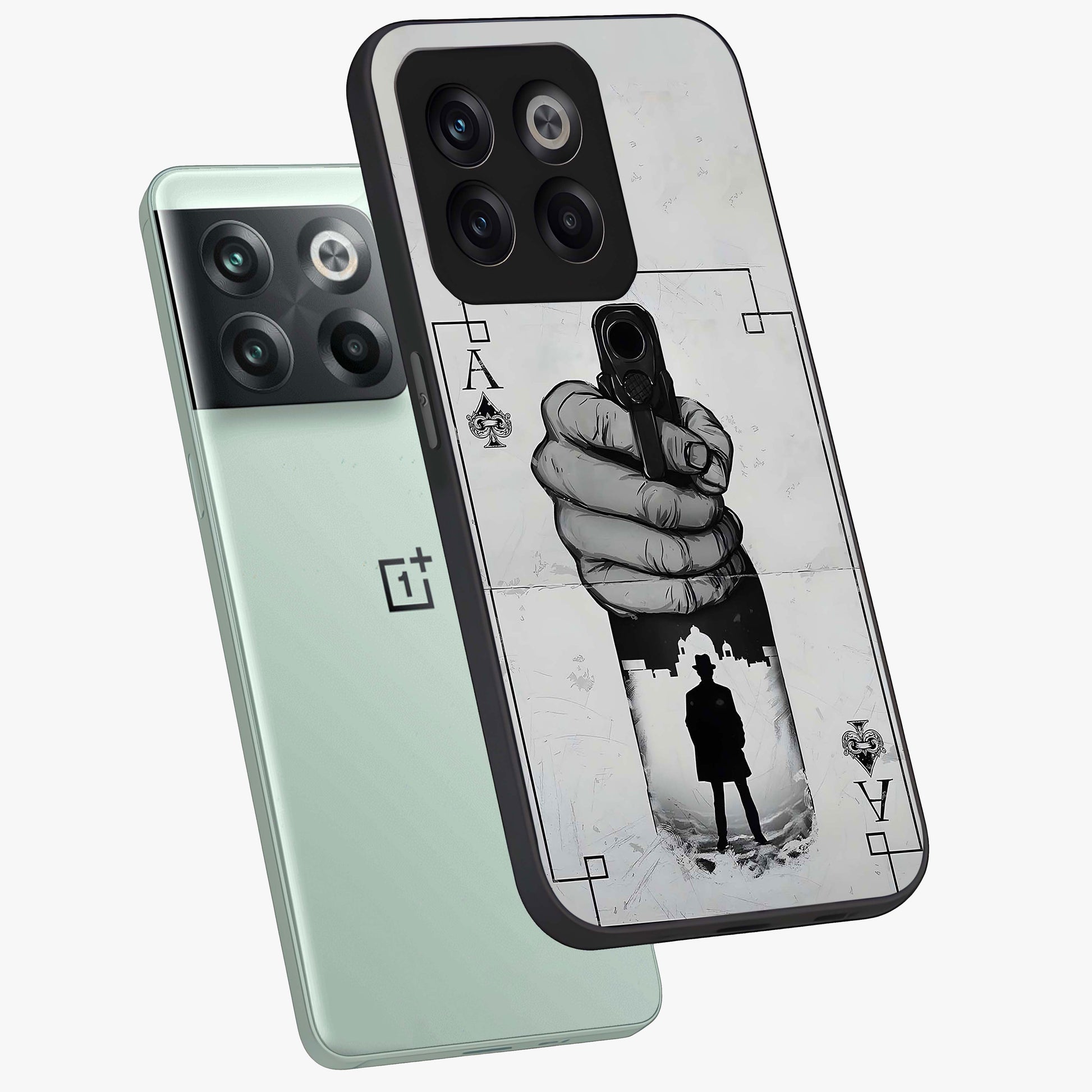 Noir Trigger Fate Glass Case for 1+10T angled mockup showcasing glossy finish and intense shadow detailing