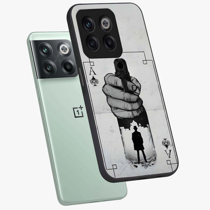 Noir Trigger Fate Glass Case for 1+10T angled mockup showcasing glossy finish and intense shadow detailing