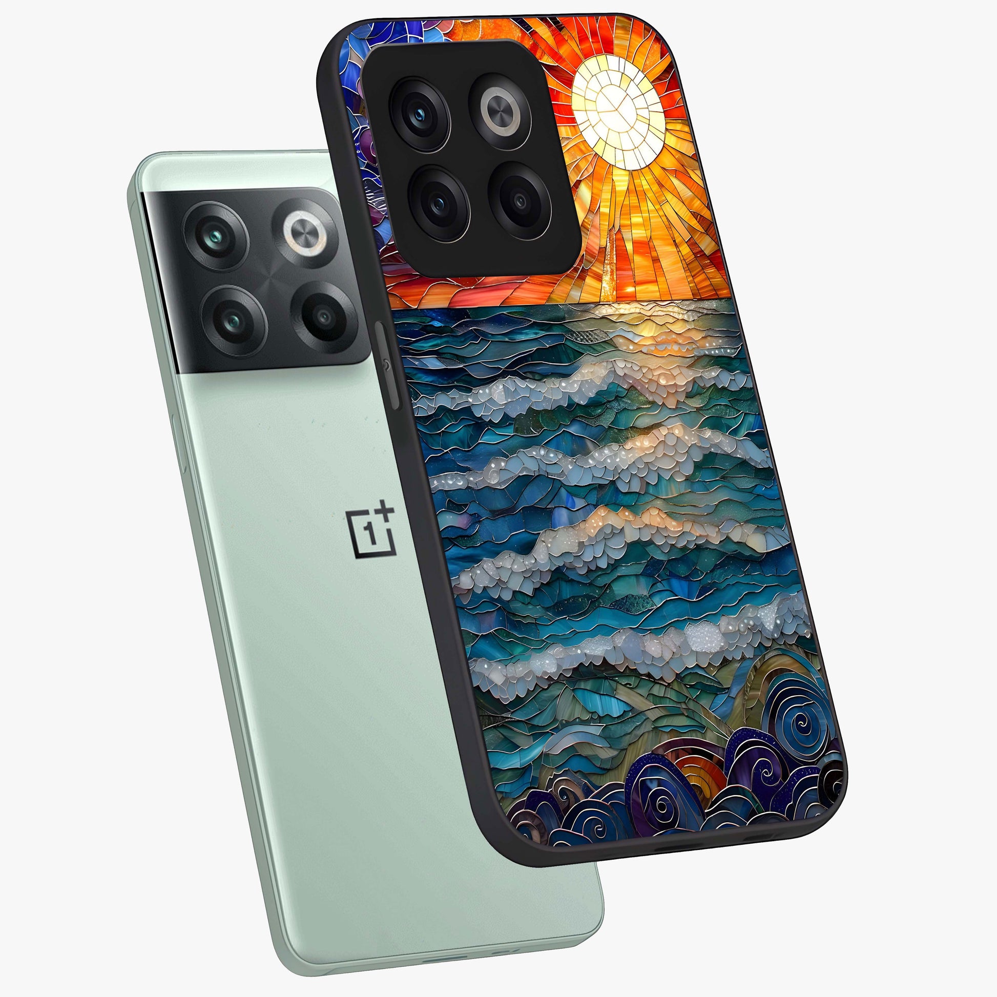 Oceanic Stained Printed Glass Case for 1+10T angled mockup showcasing glossy finish and rich aquatic tones