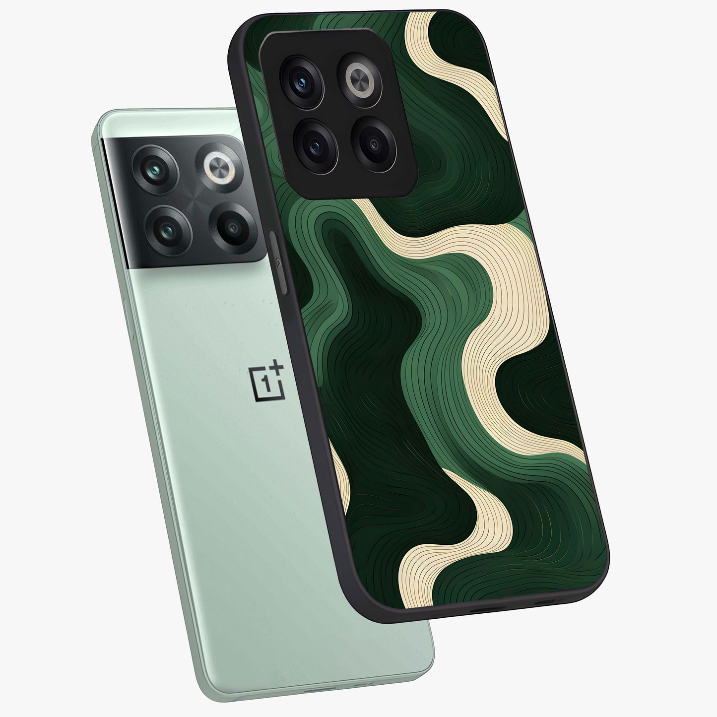 Organic Swirl Design Glass Case for 1+10T angled mockup showcasing glossy finish and smooth gradient tones