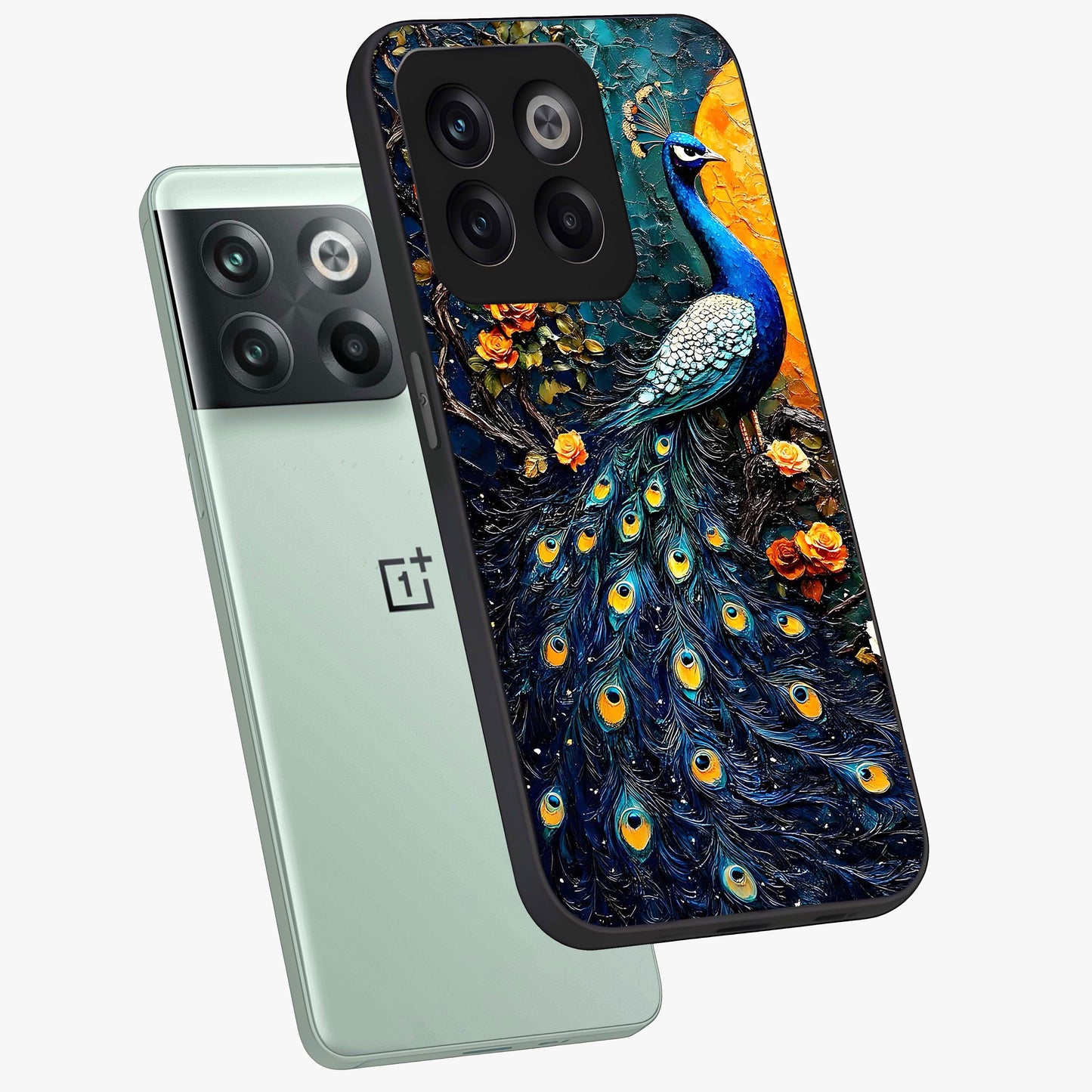 Peacock With Yellow Moon Glass Case for 1+10T angled mockup showcasing glossy finish and deep night tones