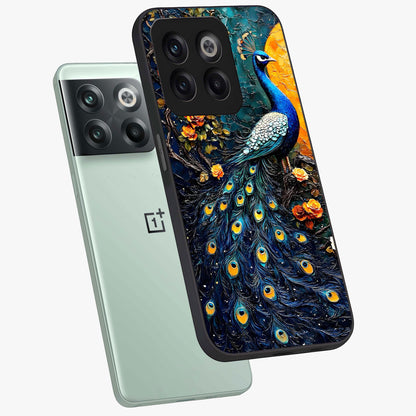 Peacock With Yellow Moon Glass Case for 1+10T angled mockup showcasing glossy finish and deep night tones