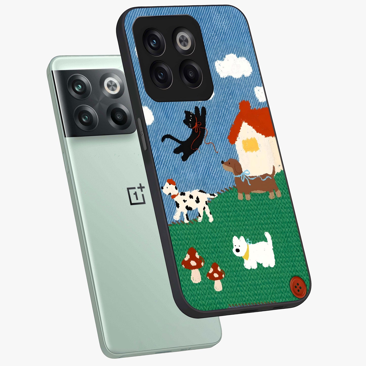 Pet Adventures Glass Case for 1+10T angled mockup showcasing glossy finish and vibrant cartoon tones
